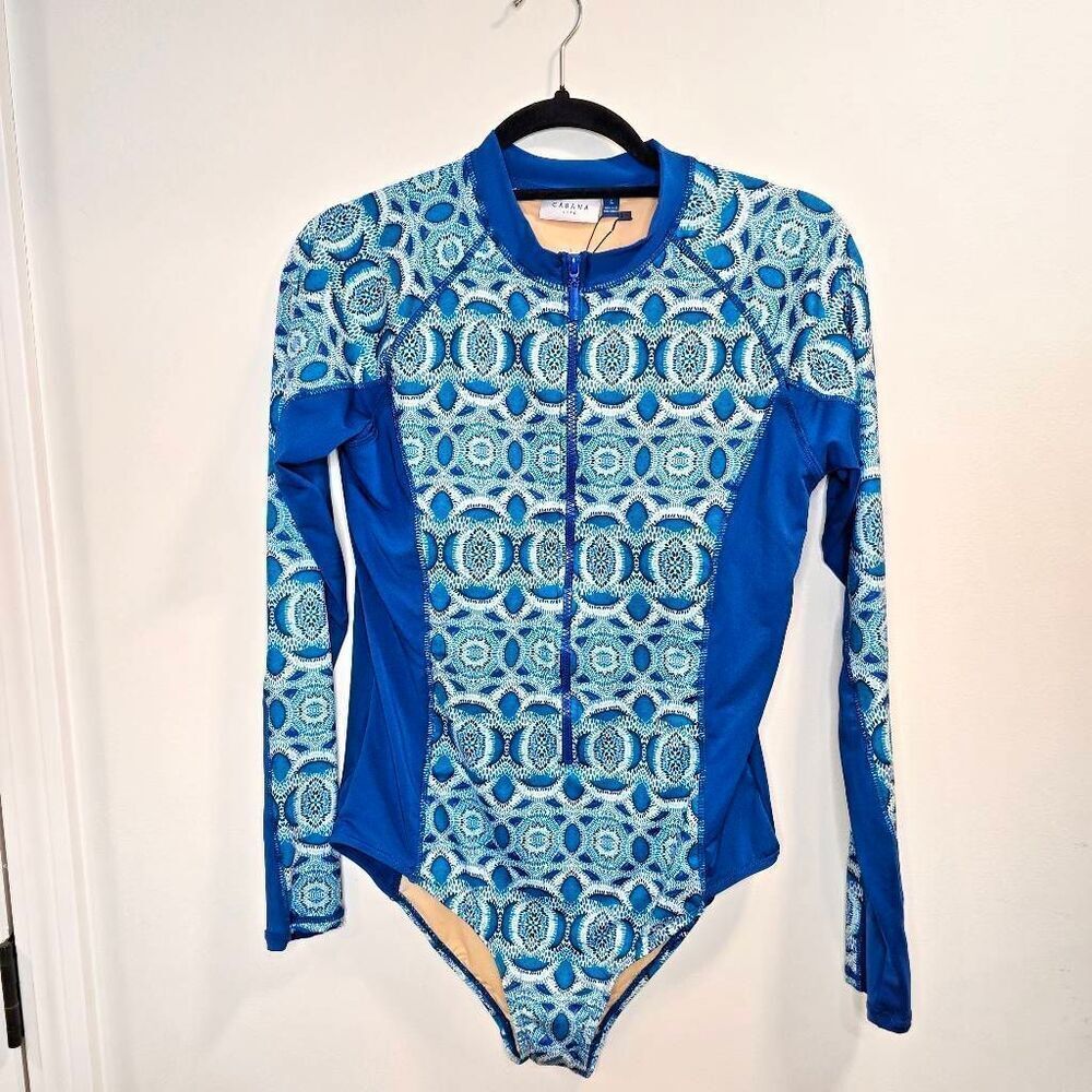 Cabana Life Womens Large Blue Long Raglan Sleeve Rash Guard Swimsuit - One Piece
